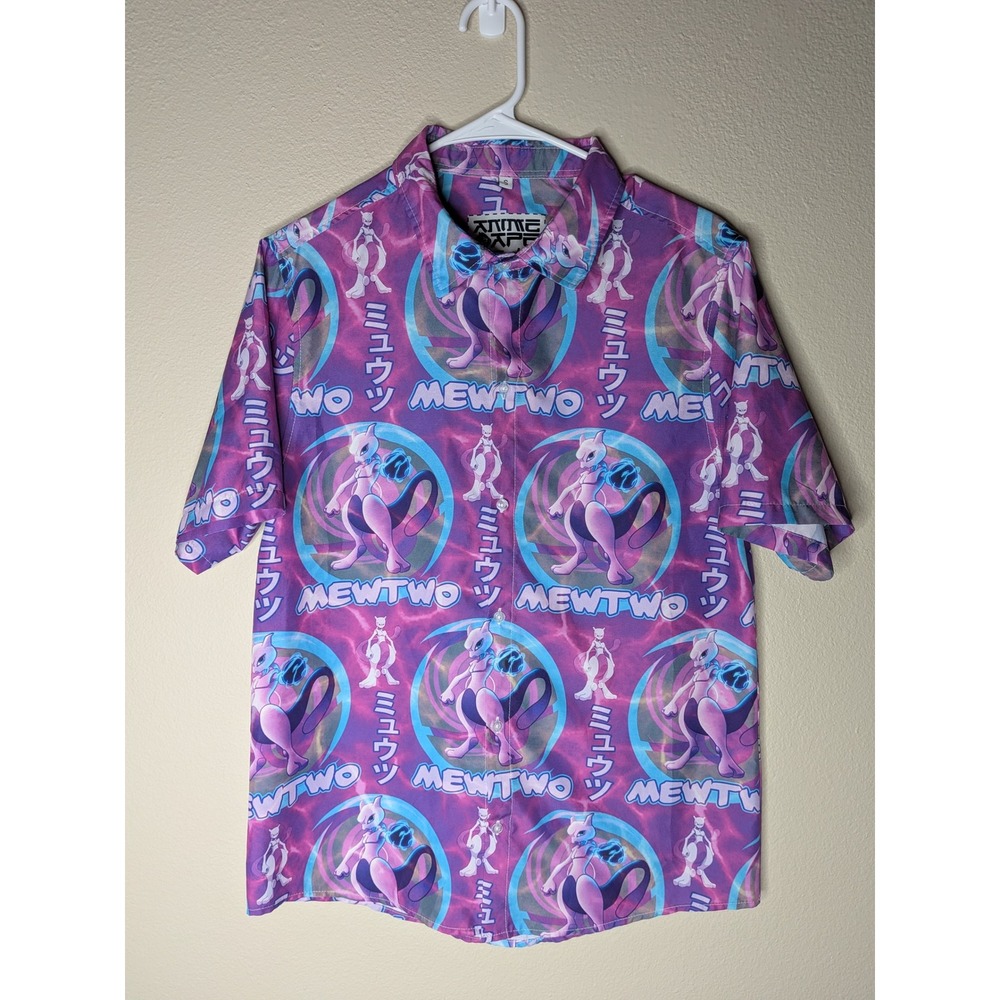Anime Ape Mewtwo Pokemon All Over Print Button Down Shirt Mens Small Purple